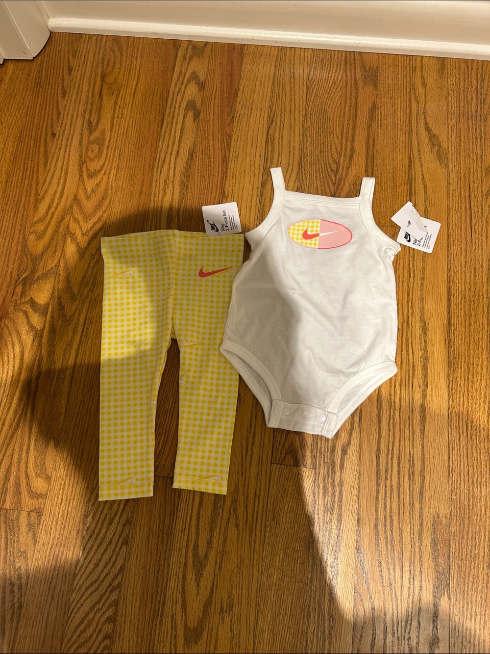 Nike White Tank Bodysuit with Yellow Gingham Leggings